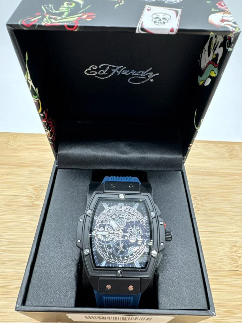 ED HARDY Men's Quartz Movement Navy/Silver Silicone Strap Singles Analog Watch